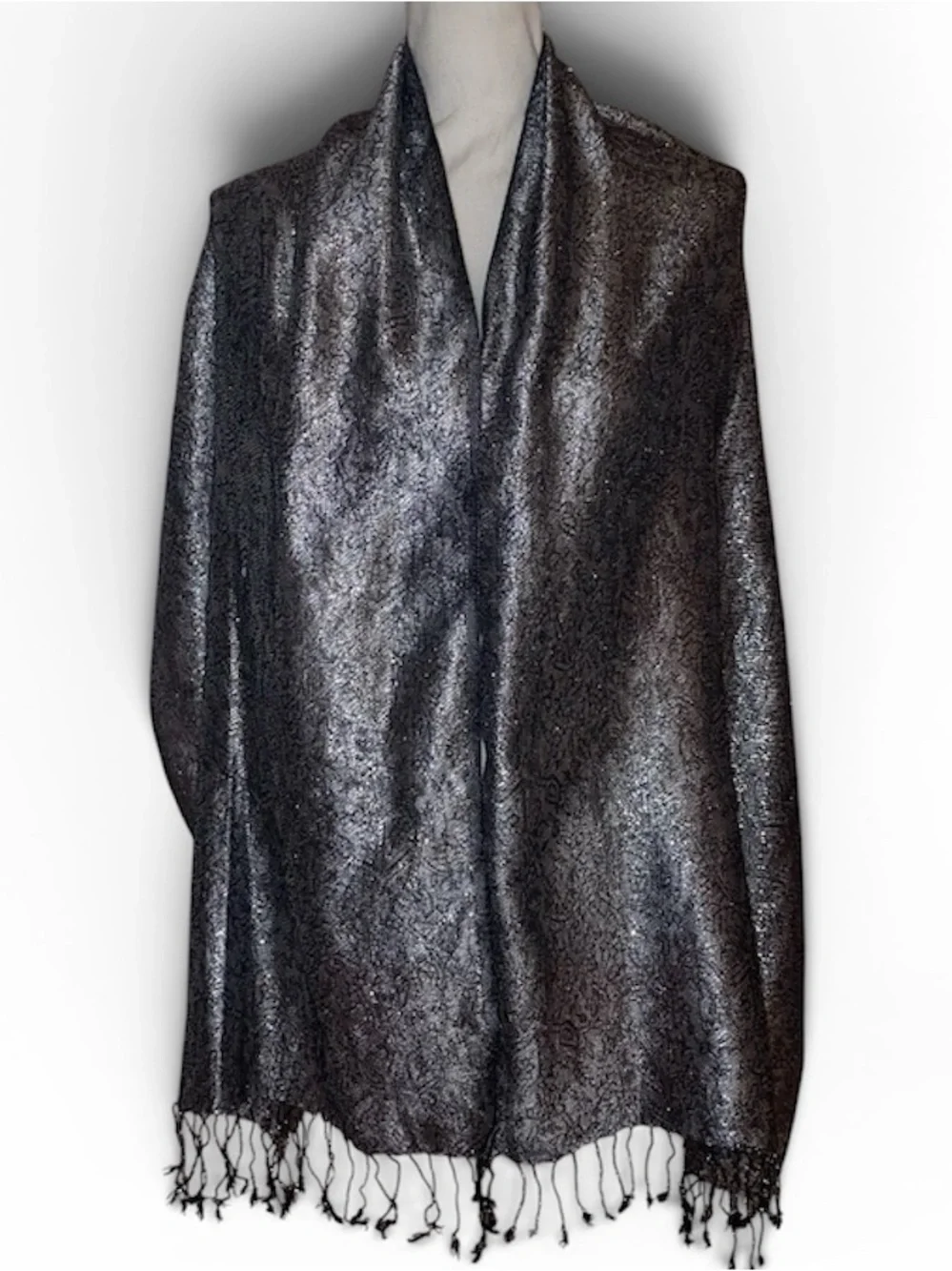 FASHION SCARF Pashmina Silk Like Jacquard Paisley Metallic Silver/Blk  70”x 21”